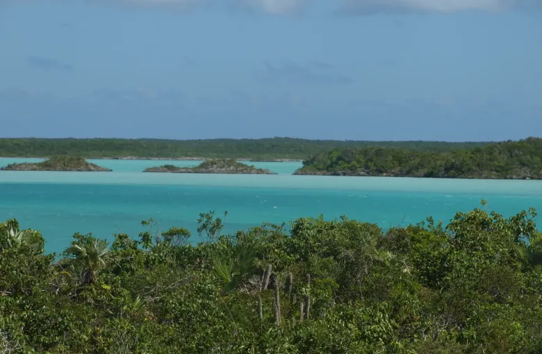 The bright turquoise lagoon of Chalk Sound on Providenciales, scattered with small scrub covered rock islets.