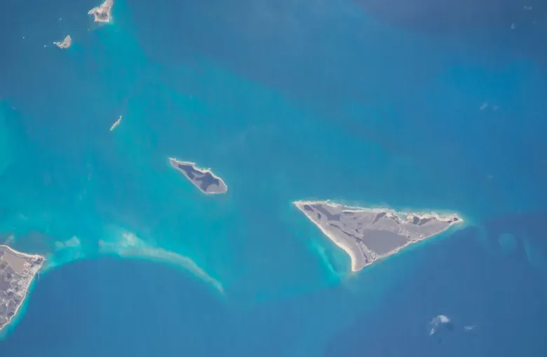 Low islands and the vast pale shallows of the Caicos Bank seen from orbit, the geography the salt trade depended on.