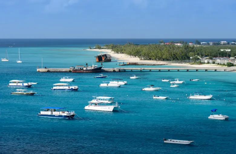 Small tour and dive boats moored in clear turquoise water off a jetty, with the low shoreline and town beyond.