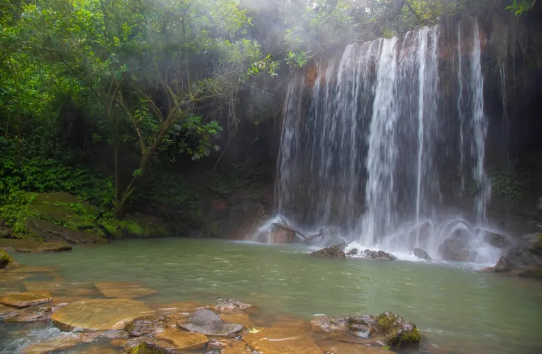 A wide waterfall dropping over a rock lip into a green pool surrounded by forest, western Uganda.