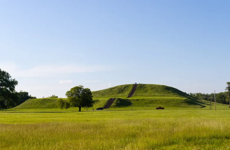 A broad grass covered earthen mound with a long stairway to its summit, rising from flat meadow.