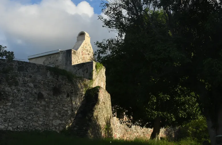 The stone walls of the Annaberg sugar works on St John standing among trees, the mill round behind.