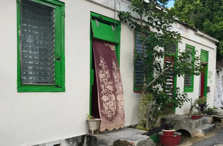 A white island house with green shutters and a curtained doorway, potted plants along its step.