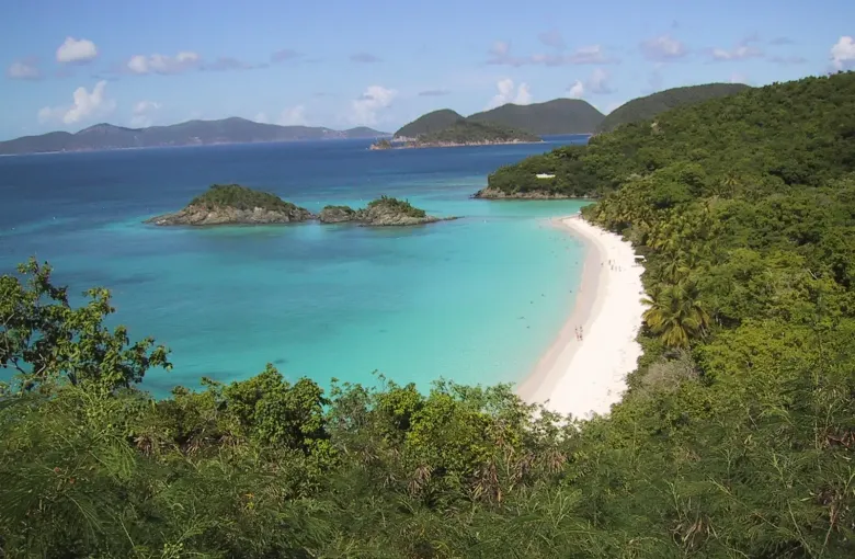 Trunk Bay on St John from the overlook, a small cay offshore and pale sand inside a turquoise bay.