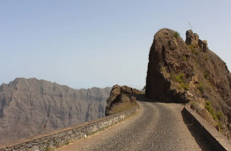 The hand-laid cobbled mountain road running along a ridge above deep valleys on Santo Antão.